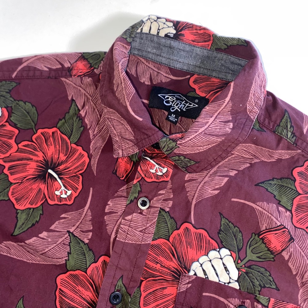 Eighty Eight Mens Burgundy Skeleton Hibiscus Floral Short Sleeve Button Down M